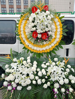 丧葬花圈网上订购,订白事花圈花篮,殡仪馆代送花圈-花圈店(火玫瑰)